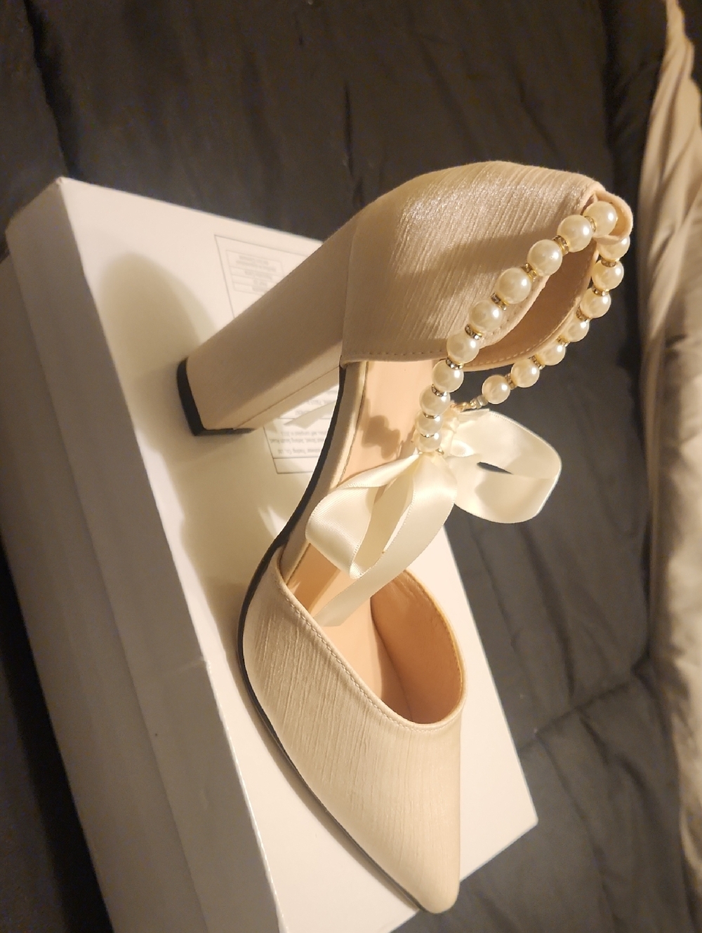 Pearl-Trim Satin Block Heel Pumps in Ivory - Women